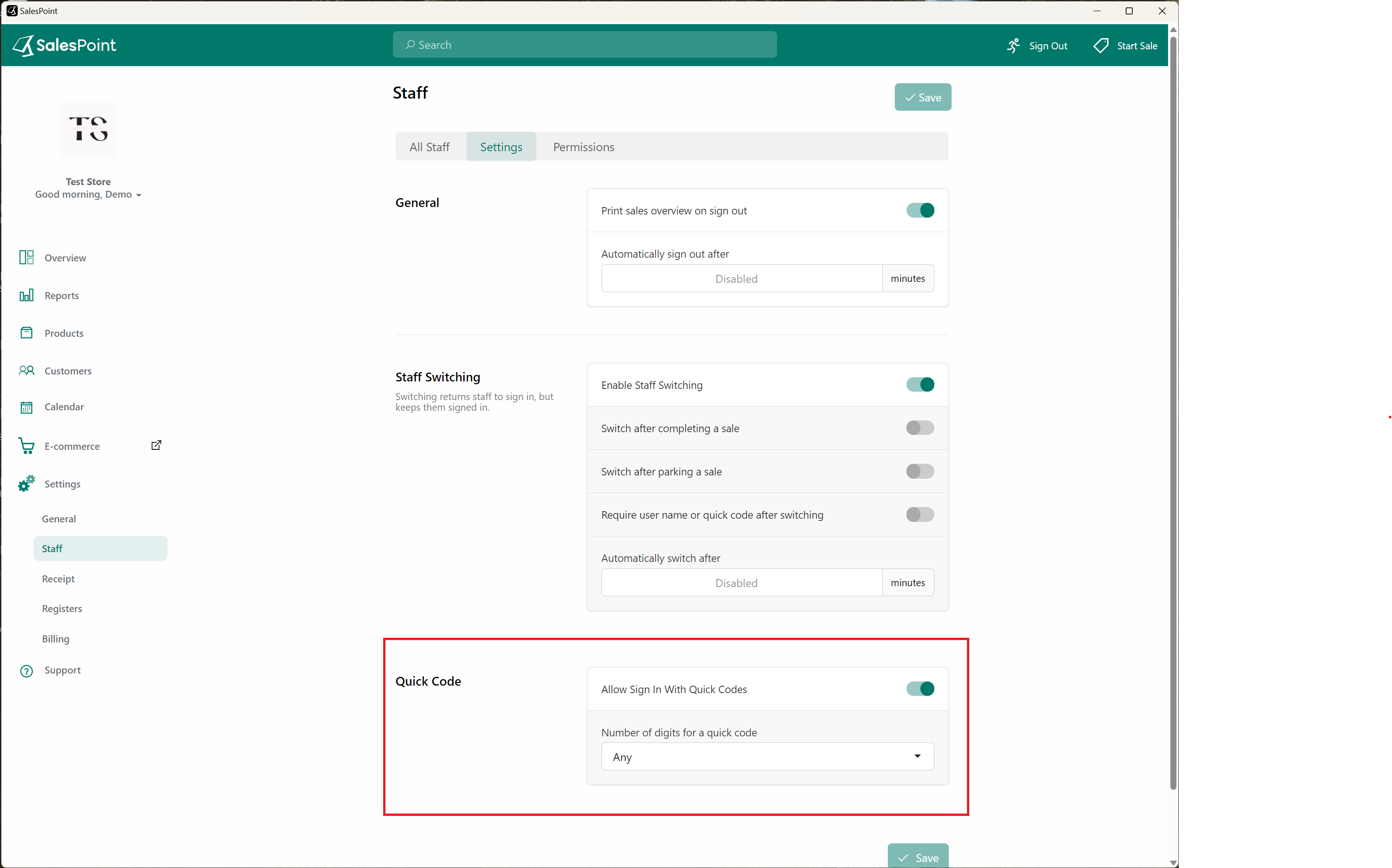 SalesPoint Support Set Up Quick Code For Staff